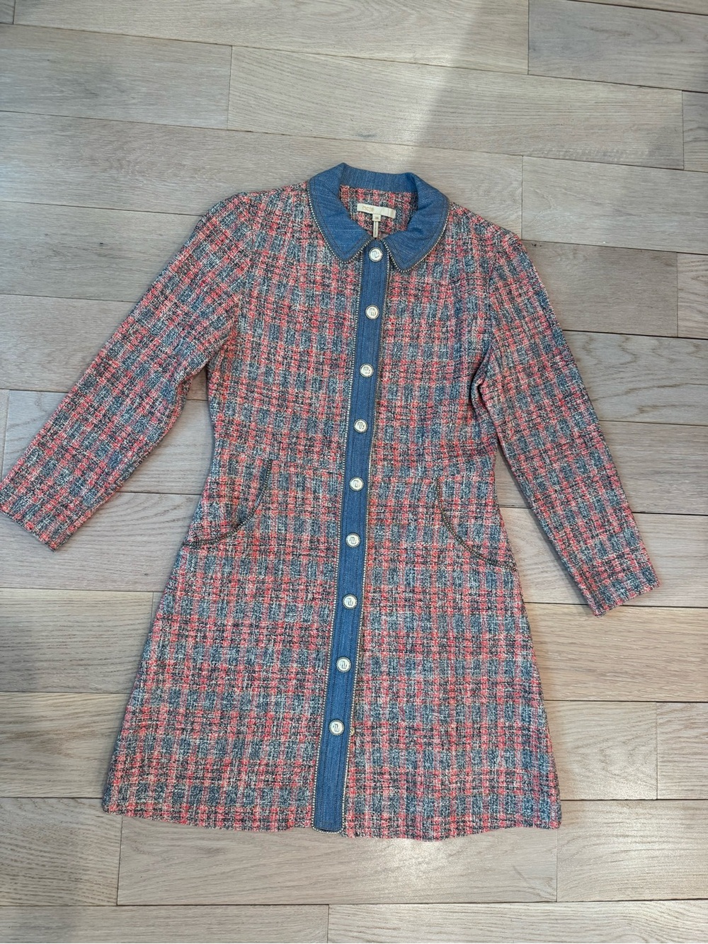 Maje Tweed Button-Front Coat Dress with Denim Trim - Pink/Gray - size 6 (38)